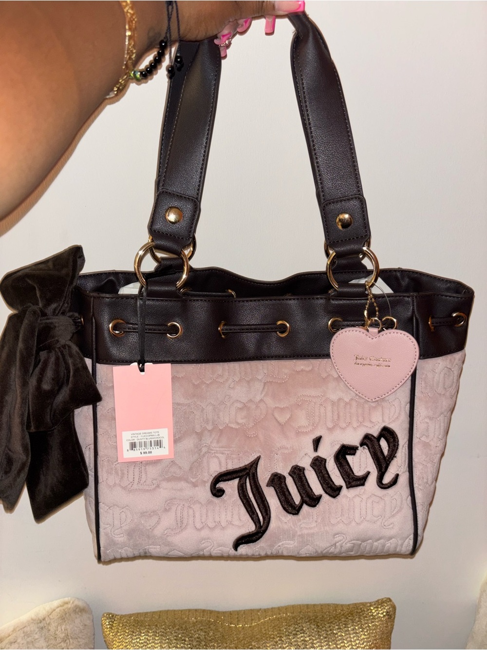 Juicy Couture Pink and Brown Embossed Logo Tote with Heart Charm